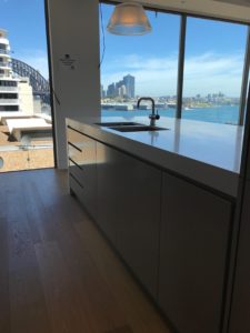 Milson Point home custom kitchen island dual sink harbour view