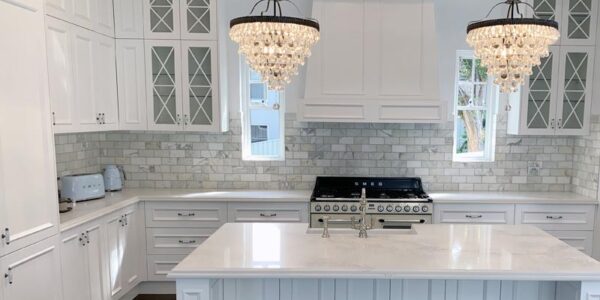 Crystal pendary lights in Castle Hill Hamptons kitchen renovation