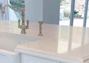 Polished nickel hardware in Hamptons kitchen renovation in Castle Hill