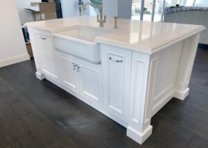 Over-sized apron sink in Hamptons tyle kitchen renovation in Castle Hill NSW