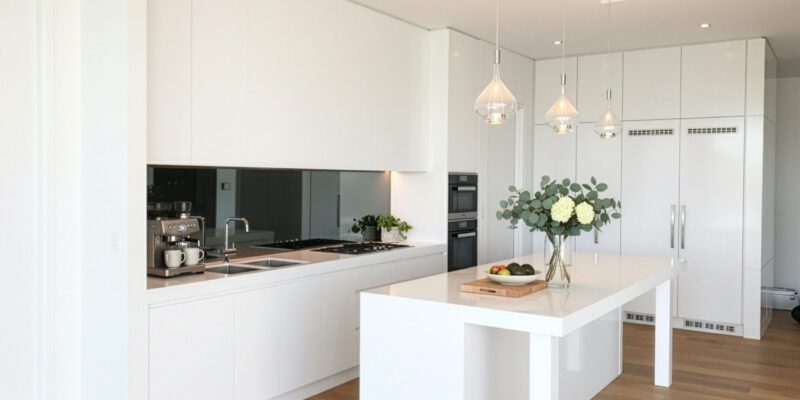 Modern white kitchen with mirror splashback, pendant lights and waterfall island in Milsons Point apartment