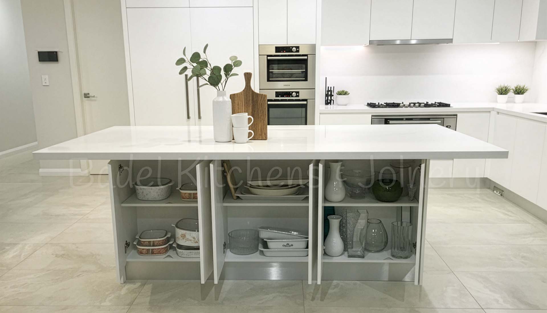 Open island storage in modern Kellyville kitchen