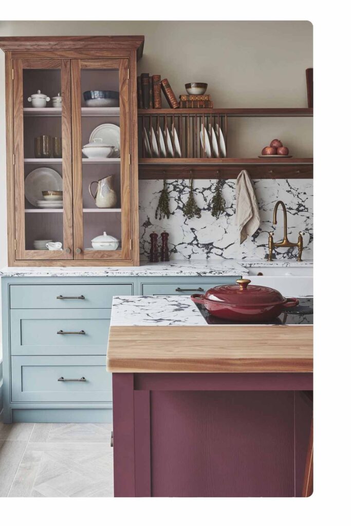 Custom marble kitchen splashback Sydney with shaker cabinetry and brass tapware by Badel Kitchens