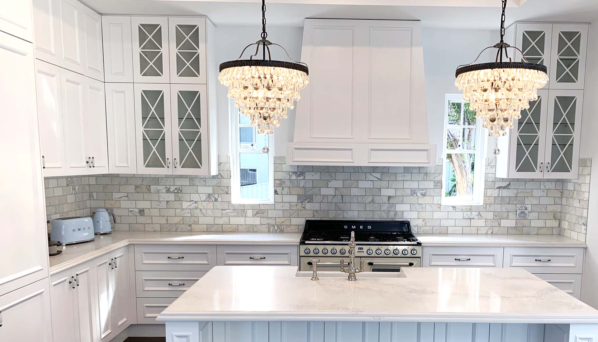 Pendant lights over Hamptons kitchen island Castle Hill