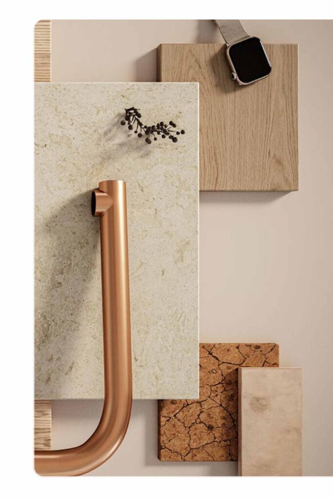 Kitchen design mood board with benchtop, cabinetry, and hardware material samples for Sydney kitchen renovations.