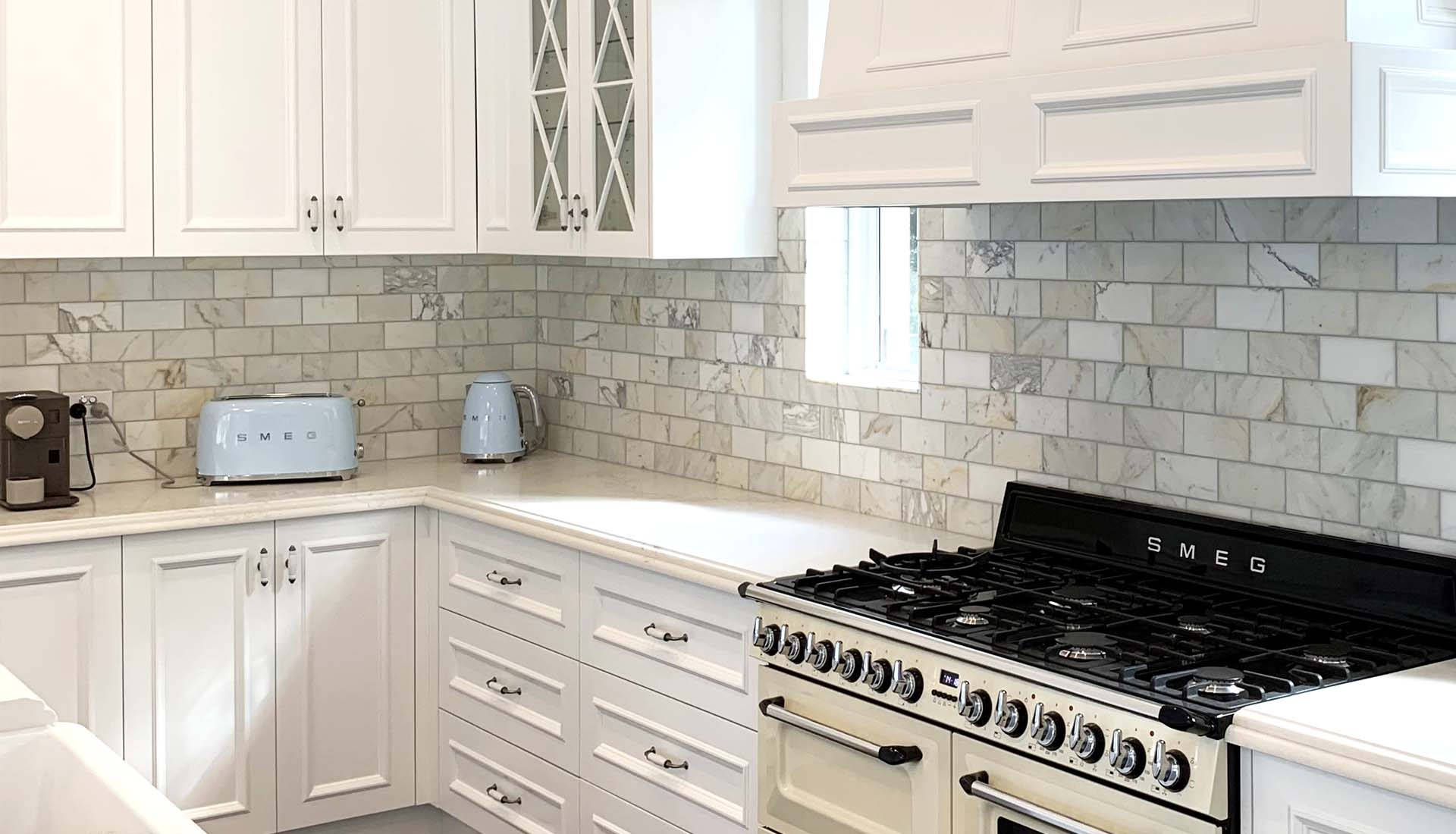White shaker cabinetry with marble benchtop Castle Hill kitchen