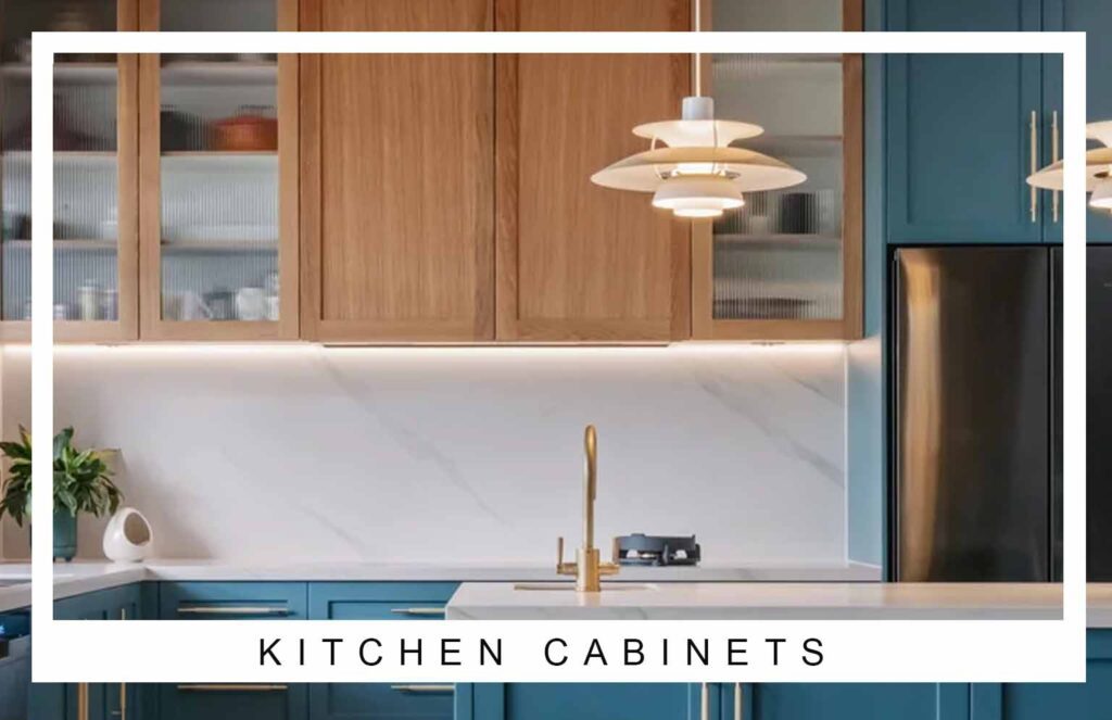 Modern kitchen layout with blue and timber cabinetry, brass fixtures, and minimalist design – Kitchen Layouts Sydney