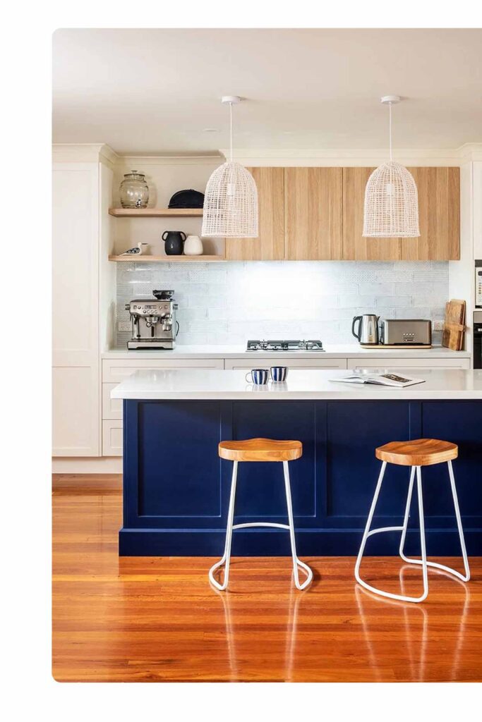 Custom kitchen island Sydney with two-tone design and coastal-inspired finishes