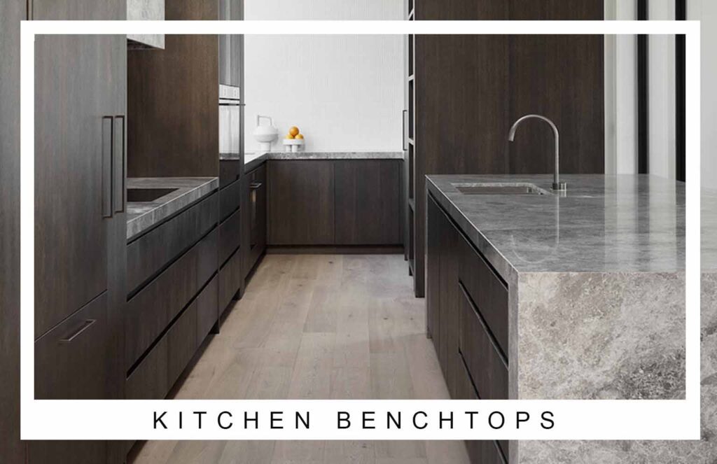 Luxury kitchen island design featuring marble-look benchtop and integrated sink