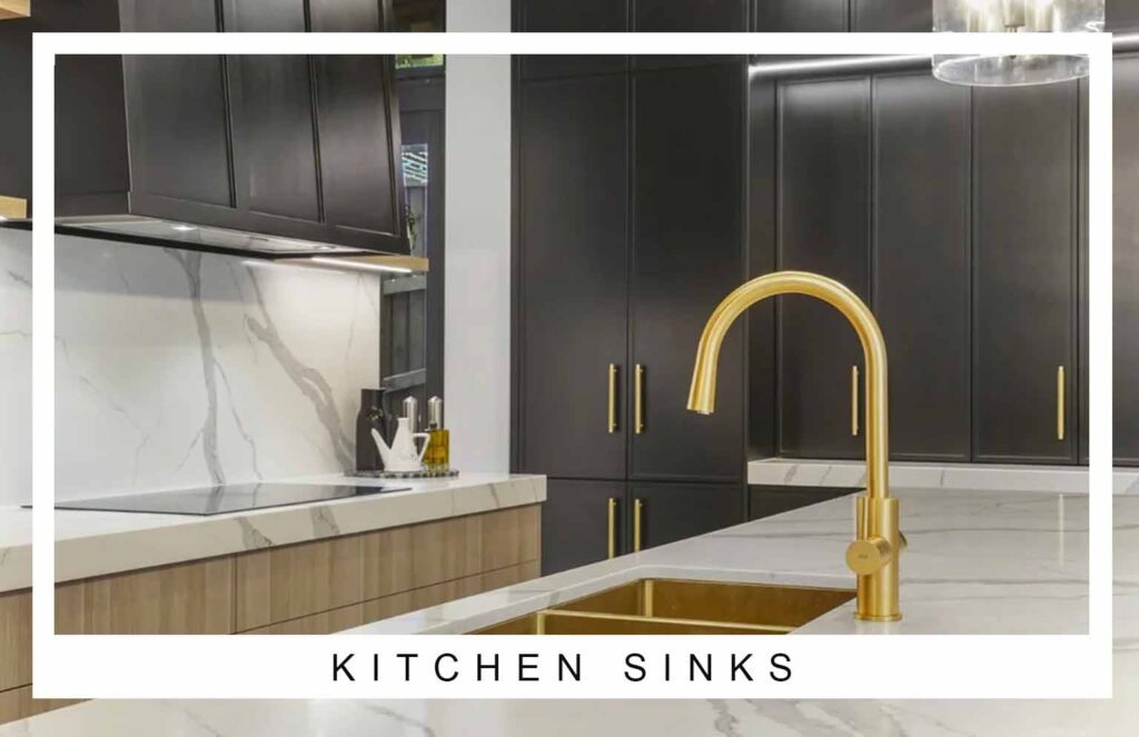 Modern kitchen island design Sydney featuring black cabinetry and brass sink fittings