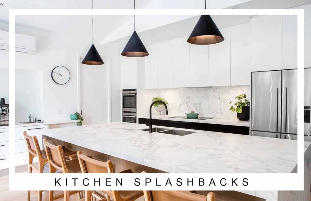 Custom kitchen island with seating and full-height marble splashback – Badel Kitchens